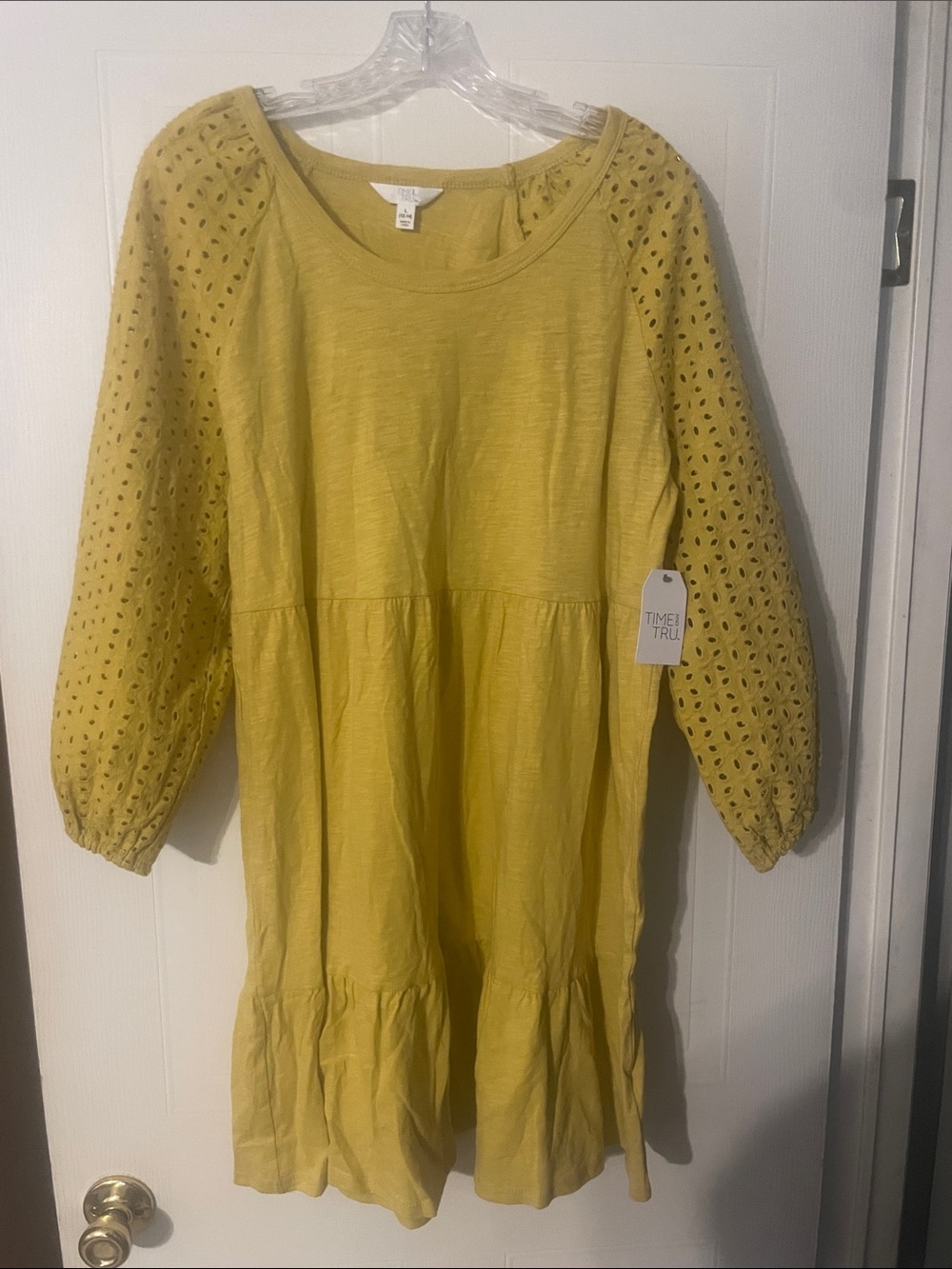 Time and Tru Womans Yellow Eyelet Sleeve Tiered Dress